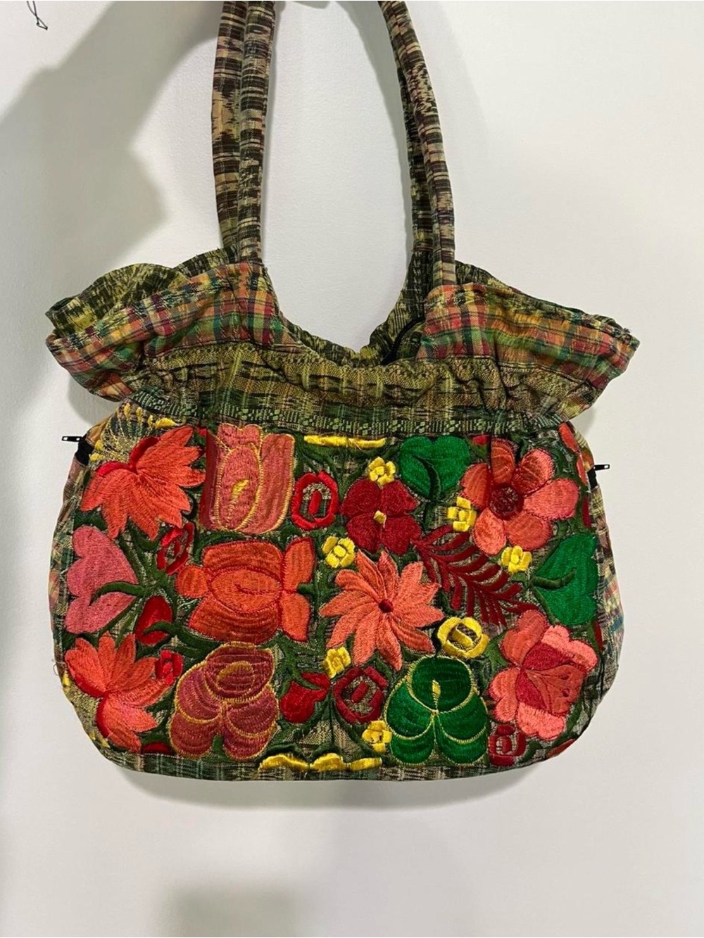Embroidered Floral Tote Bag in Green and Red